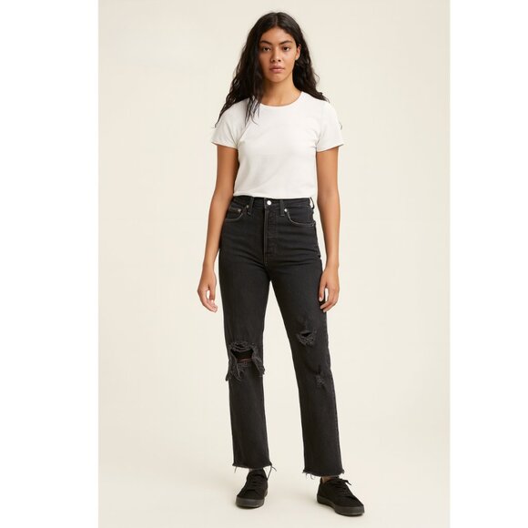 Levi’s Black Distressed Button Fly Straight Leg Jeans Women’s Size 25 High Rise - Picture 1 of 14
